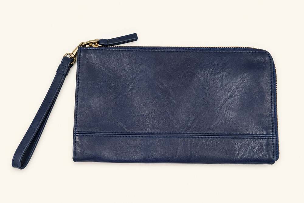 Joy Susan Navy Vegan Leather Wristlet Clutch Minimalist Everyday Bag